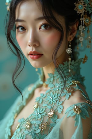 A refined Japanese woman exudes sophistication in a lavish lace gown bursting with turquoise and golden accents. Her translucent skin features delicate birthmarks, as her captivating eyes boast multi-colored irises. Shot from a low angle, her attire's intricate details are crisp against a crispy sharp background achieved through a F32 aperture setting and wide depth of field settings.