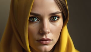 hyper realistic solo woman. yellow hue