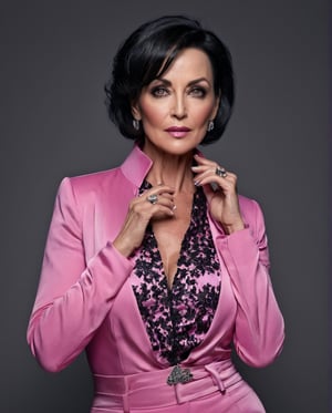 High-fashion model pose: classy woman ,46-years-old, ravishing beauty with striking grey eyes and short, raven-black hair, styled in a sultry shoot. wearing pink clothes, Expertly lit from above, highlighting the curves of her toned physique, as she strikes a confident pose, showcasing flawless makeup and a symmetrical face. Half-body shot, captured in stunning 4K resolution, emphasizing her realism.,more detail XL