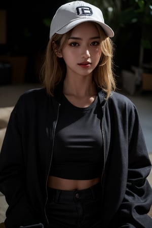 4k,best quality,masterpiece,19yo 1girl,(cropped jacket),(demin pant), alluring smile,baseball cap,

(Beautiful and detailed eyes),
Detailed face, detailed eyes, double eyelids ,thin face, real hands, semi visible abs, ((short hair with long locks:1.2)), black background,
an Instagram model, long blonde_hair

real person, color splash style photo,
