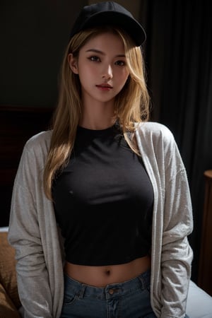 4k,best quality,masterpiece,19yo 1girl,(cropped jacket),(demin pant), alluring smile,baseball cap,

(Beautiful and detailed eyes),
Detailed face, detailed eyes, double eyelids ,thin face, real hands, muscular fit body, semi visible abs, ((short hair with long locks:1.2)), black background,
an Instagram model, long blonde_hair

real person, color splash style photo,

