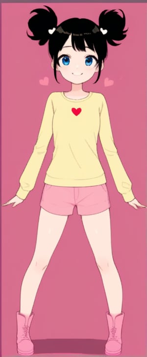 1girl, solo, looking at viewer, smile, short hair, blue eyes, shirt, black hair, long sleeves, twintails, standing, full body, heart, boots, shorts, pink background, short twintails, yellow shirt, pink footwear, pink shorts