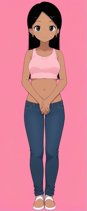 1girl, solo, long hair, looking at viewer, smile, simple background, black hair, brown skin, navel, jewelry, standing, full body, earrings, shoes, midriff, pants, black eyes, crop top, pink background, own hands together, tank top, denim, jeans