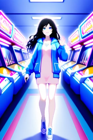 Black long hair, 1girl, Pink dress, blue_eyes, Full body, 
Blue jaket, Masterpeace,  Looking at the viewer, Indoors, Carcade, Smiling,