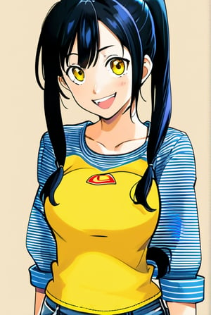 1 teenage girl, black hair, ponytail, yellow t shirt, blue jeans, high quality, cowboy shots, two side up, black eyes, (smile:0.8), open mouth, (16 year old), masterpiece, ultra high quality, striped shirt, longe sleeves, large breast, skirt, good artwork, high definition, 

