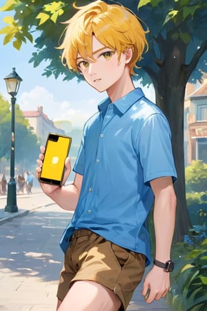 1Man, solo, masterpiece, best quality, yellow hair, short-sleeved light blue shirt,  brown shorts, blue shose, outdoors, phone, (Age18),  sided hair, white soocks, Teenager, 