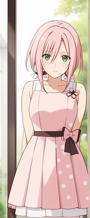 sakura haruno,haruno sakura,green eyes,pink hair, pinkdress, polka dot dress, daytime, 