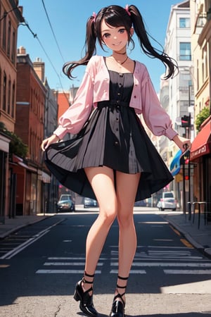1girl, black hair, pigtails, Jean dress, pink eye, brown shose, masterpiece, smiling, city, masterpiece, high quality, daytime, striped,