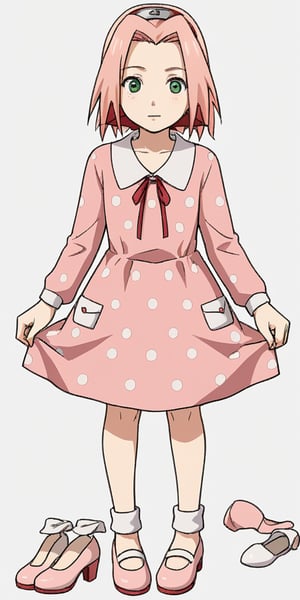 1girl, solo, simple background, brown hair, long sleeves, white background, dress, polka dot, pink dress, crossdressing, polka dot dress,sakura haruno,haruno sakura,green eyes,pink hair, cowboy shot, pink shose, pink footwear, shoes removed