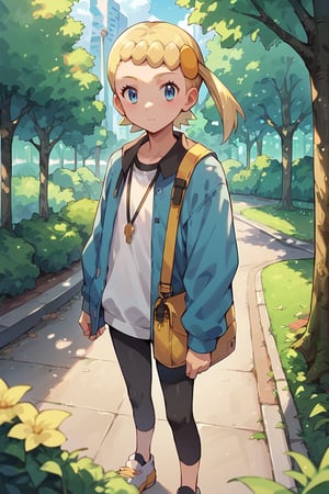 score_9, score_8_up, score_7_up, score_6_up, blue eyes, blond hair, side ponytail,  black leggings, standing, day, park, bonnie,source_anime