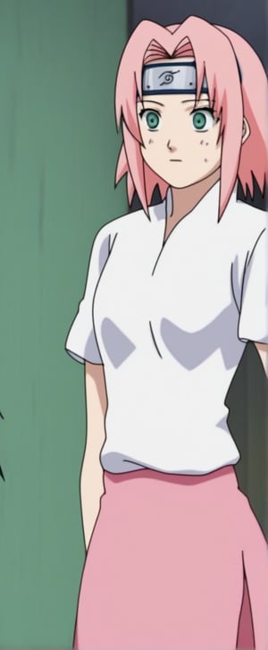 SAKURA HARUNO, MEDIUM HAIR, GREEN EYES,PINK HAIR, PARTED BANGS, white t shirt, pink skirt, puffy short slevees,FOREHEAD PROTECTOR,