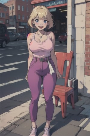 1woman, solo, blonde hair, pink lipstick, large breast, purple tank top, light pink pants, belts, blue shoes, smiling, open mouth, shirt lift, nude, city, day time, necklace, smiling, blue eyes, masterpiece, longe hair, outdoors, standing, chair, Anime pix,
