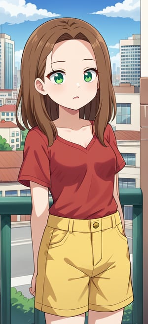 BIG FOREHEAD, S4rahLynnBH, brown hair, green eyes, looking at viewers, RED SHIRT, YELLOW SHORTS, city, day, outdoors, anime style, 