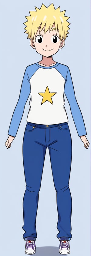 solo, smile, blonde hair, simple background, 1boy, full body, male focus, shoes, pants, star \(symbol\), black eyes, denim, sneakers, jeans, raglan sleeves,score_9_up,score_8_up,score_7_up,source_anime,akiratoriyama