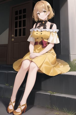 score_4, score_5, score_6, score_9, score_8_up, score_7-up Kyoko, golden brown hair, large bright golden eyes, short hair, park, yellow dress, red shoes, sitting, day, 