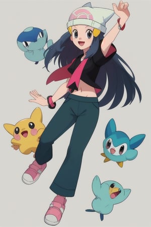 dawn(pokemon), 1girl, solo,eyelashes, hat, beanie, navel, open mouth, smile, white headwear, grey eyes, tongue, long hair, bracelet, short sleeves, shirt, hair ornament, hairclip, jewelry, :d, pants, looking at viewer, black shirt, pink shoes, full body,