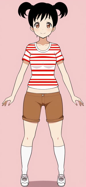 1girl, solo, smile, short hair, simple background, shirt, black hair, twintails, brown eyes, full body, shoes, shorts, socks, midriff, striped, kneehighs, pink background, short twintails, white socks, sneakers, striped shirt, brown shorts