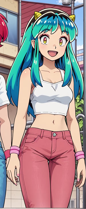  lum, oni horns, white tank top, red backgrownd, mouth open, pink jeans, smiling, looking at viewer, long hair, standing, crop top, mary jeane shose, pink wrist_band, 