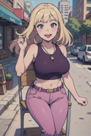 1woman, solo, blonde longe hair, pink lipstick, large breast, purple tank top, light pink pants, belts, blue shoes, smiling, open mouth, city, day time, necklace, smiling, blue eyes, masterpiece, outdoors, standing, chair, looking at the viewers, pixie Anime ver 10,