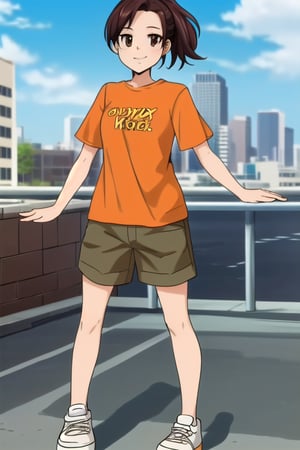 1girl, (brown hair:1.4) (ponytail1.5), masterpiece, (looking, at the viewers),(Orange T-shirt:1.6) (short sleeves), (white shorts), (whit sneakers:1.3), Big city, standing, (High quality:1.6), 8K, (Good pictures), (Brown Eyes), (Smiling:1.3), (daytime:1.3),