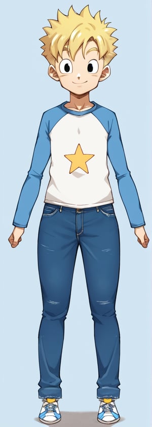 solo, smile, blonde hair, simple background, 1boy, full body, male focus, shoes, pants, star \(symbol\), black eyes, denim, sneakers, jeans, raglan sleeves,score_9_up,score_8_up,score_7_up,source_anime,akiratoriyama