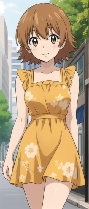 kyoko1, brown hair, short hair, brown eyes, Floral Pattern, dress, yellow dress, outdoors, park, masterpice, solo, looking_at_viewer, smiling, white soocks, full boddy