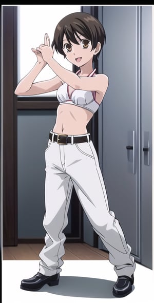 1girl, solo, Fujioka Haruhi short hair, white bra, pants, full boddy, toplles, standing, looking at viewers, belt, black shose, silly face, tounge, open mouth,