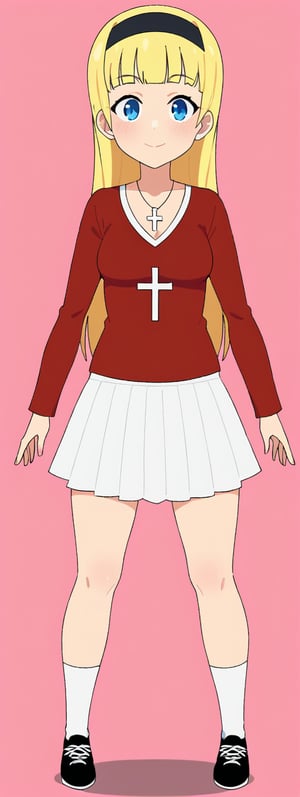 An animated image of a girl with blonde hair and blue eyes. She is wearing a red long-sleeved shirt with a white skirt that has a white cross on it. The girl is standing with her arms outstretched. She has a black headband on her head. The background is a vibrant pink color.