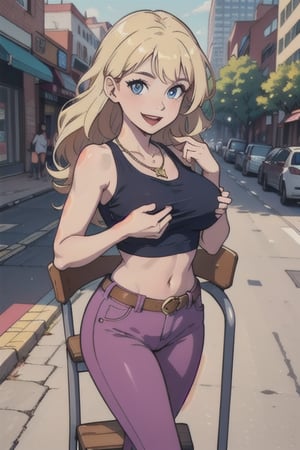 1woman, solo, blonde hair, longe hair, pink lipstick, large breast, purple tank top, light pink pants, belts, blue shoes, smiling, open mouth, shirt lift, nude, city, day time, necklace, smiling, blue eyes, masterpiece, outdoors, standing, chair,