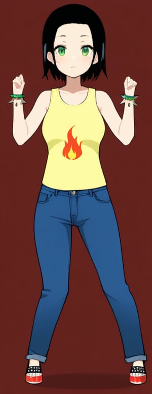 1girl, solo, short hair, black hair, jewelry, green eyes, pants, bracelet, tank top, fire, denim, spikes, jeans