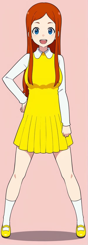 1girl, solo, long hair, looking at viewer, smile, open mouth, blue eyes, simple background, long sleeves, dress, standing, full body, red hair, shoes, socks, orange hair, hand on hip, pink background, mary janes, yellow dress, yellow skirt,BREAK,source_anime,score_7_up,score_8_up,score_9