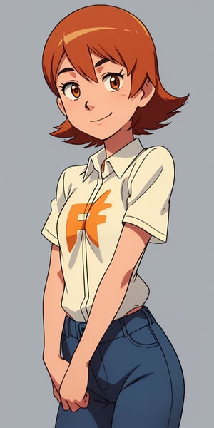  smile, short hair, orange hair, orange eyes, digimon 1girl, solo, smile simple background, shirt, white background,  standing, short sleeves, cowboy shot, collared shirt, pants, denim, yellow shirt, jeans,  arms at sides, , helmet, sora_takenouchi