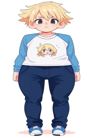 One boy spiky hair blonde hair red shirt raglan sleeves blue trouser jeans blue shoes freckles black eyes full body high quality 8k good quality full body:1.4 looking at the viewers Good pictures.:1.6 anime.1:5

