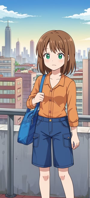 S4rahLynnBH, brown hair, green eyes, looking at viewers, city, day, outdoors, anime style, 