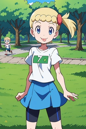 score_9, score_8_up, score_7_up, score_6_up, one child, tongue out, blue eyes, blond hair, side ponytail,  white t shirt, blue  jeans skirt, bike shorts, standing, day, park, bonnie, smile, mouth open, source_anime