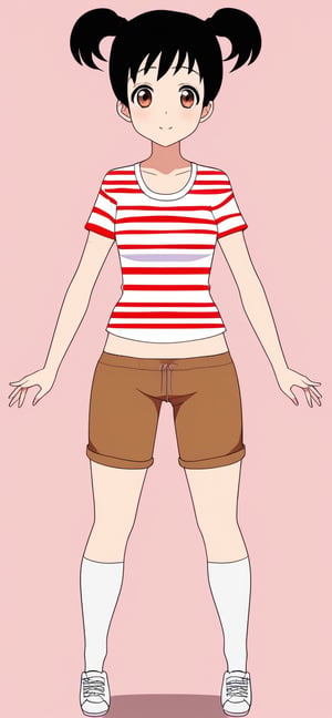 1girl, solo, smile, short hair, simple background, shirt, black hair, twintails, brown eyes, full body, shoes, shorts, socks, midriff, striped, kneehighs, pink background, short twintails, white socks, sneakers, striped shirt, brown shorts