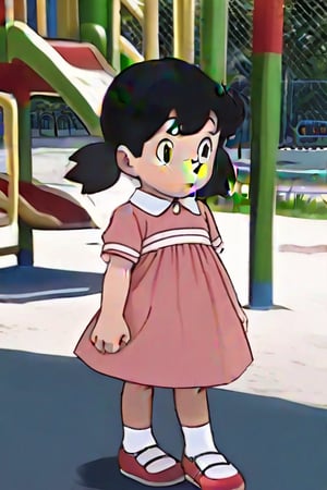 1girl, Shizuka minamoto, black hair, pigtails, doraemon, Pink dress with stripes with red stripes, white soock, Red shoes, Playground, High quality,