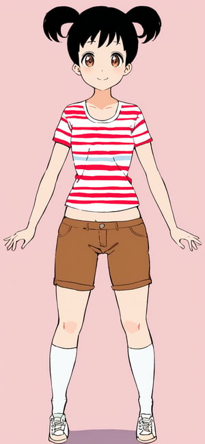 1girl, solo, smile, short hair, simple background, shirt, black hair, twintails, brown eyes, full body, shoes, shorts, socks, midriff, striped, kneehighs, pink background, short twintails, white socks, sneakers, striped shirt, brown shorts