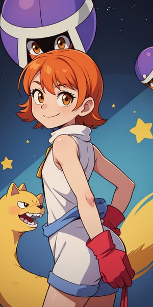 SoraDef, smile, short hair, orange hair, helmet, yellow dress, white cardigan, orange eyes, digimon