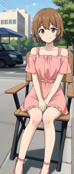 kyoko1, brown hair, short hair, brown eyes, Flower Pattern, dress, yellow dress, outdoors, park, masterpice, solo, looking_at_viewer, smiling, white soocks, longe slevees, pink shose, full body, sitting chair