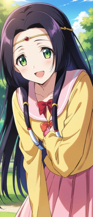 sumeragi kaguya, green eyes, black hair, long hair, hair tubes, red bow, yellow t shirt, pink skirt, butterfly print, long sleeves, smiling, sunny day, park, mouth open teeth, 
