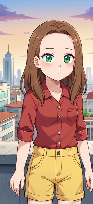 BIG FOREHEAD, S4rahLynnBH, brown hair, green eyes, looking at viewers, , Freckles, RED SHIRT, YELLOW SHORTS, city, day, outdoors, anime style,