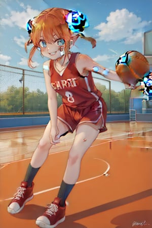 kgr1 1girl, ORANGE HAIR, BLUE EYES, Pigtalies, Kagura, Basketball, red Shorts' red Tank top, red Sneakers, black soocks, slevessless, double bun, bun cover, sport_clothing, best quality, basketball player, Park, Materpeace, 8k, Kagura_gintama, looking at the viewers, sweat band, Smiling, beastialily, basketball court,