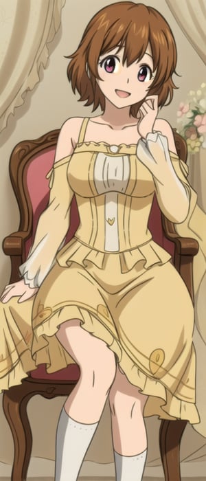 Kyoko sits majestically in a chair, her short, brown hair styled perfectly to frame her heart-shaped face. Her bright, brown eyes sparkle as she gazes directly at the viewer, a warm smile spreading across her face. She wears a stunning yellow dress with intricate flower patterns, its long sleeves and flowing skirt showcasing her elegance. Pink shoes add a pop of color to her outfit, while white socks peek out from beneath the hem. A masterpiece of a moment, captured in all its glory.