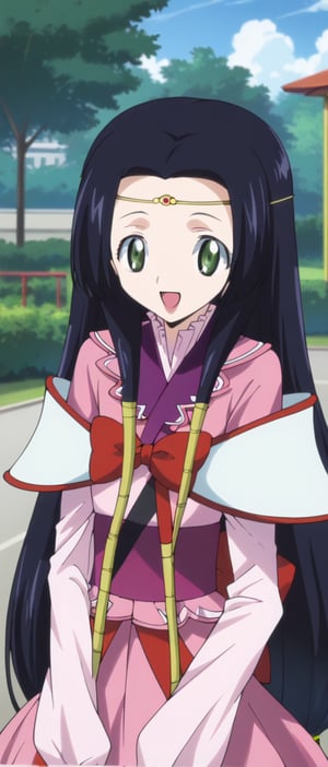 sumeragi kaguya, green eyes, black hair, long hair, hair tubes, red bow, pink dress, butterfly print, puffy_ long sleeves, smiling, sunny day, park, mouth open teeth, 
