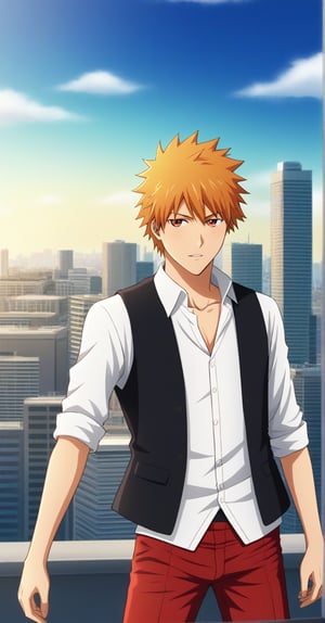 1boy, solo, masterpice, ichigokurosaki, white shirt, black vest, Longe sleeve, red pants, city, outdoors, looking at viewers,