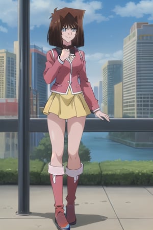  1girl, duel monsters ,hair brown ,blue eyes, Brown hair, anzu mazaki, duel monsters , hair brown , yellow dress long sleeves, with pink cardigan, outdoors, day time city, short hair, masterpiece, best quality, smiling, full body, red black boots 