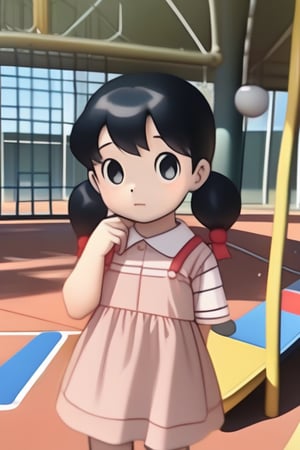 1girl, solo, HDR,  masterpiece, looking at viewers, Shizuka minamoto, black hair, pigtails, doraemon, Pink dress with stripes with red stripes, white soock, Red shoes, Playground, High quality, black eyes,