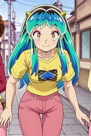  lum, oni horns, yellow  shirt, pink pants, smiling, looking at viewer, long hair,