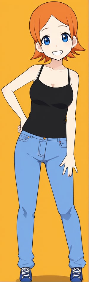 1girl, solo, breasts, looking at viewer, smile, short hair, blue eyes, simple background, cleavage, medium breasts, standing, full body, shoes, pants, orange hair, grin, hand on hip, tank top, denim, sneakers, camisole, jeans,masterpiece:1.3,ultra-detailed:1.3,intricate detail:1.3,best quality:1.3